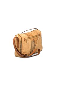 Borsa a tracolla in pelle marrone chiaro con design di una mappa vintage, texture liscia, tracolla regolabile e dettagli in zip tono oro.