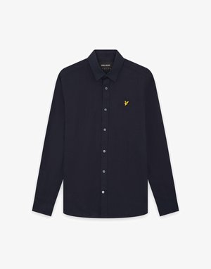 Marineblaue, langärmelige Hemdjacke mit spitzem Kragen und gelbem, besticktem Vogel-Logo auf der linken Brust.