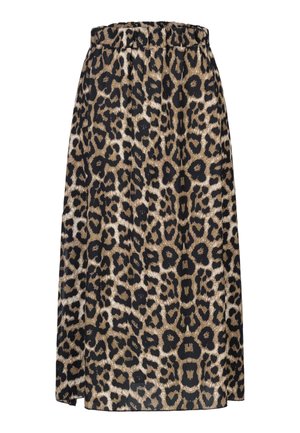 Leopardprint rok met een elastische tailleband. Gemaakt van zacht stof, met een patroon van zwarte vlekken op een tan achtergrond.