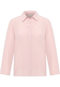 Helle rosa Bluse mit langen Ärmeln und Kragen, aus glattem Stoff gefertigt, mit einer vorderen Knopfleiste und gerader Saumkante.
