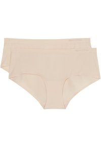 Twee paar damesondergoed in lichtbeige, gemaakt van gladde stof zonder zichtbare naden. "Mare O'Polo" logo op de tailleband.