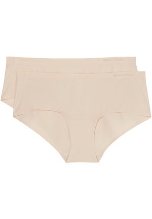 Twee paar damesondergoed in lichtbeige, gemaakt van gladde stof zonder zichtbare naden. "Mare O'Polo" logo op de tailleband.