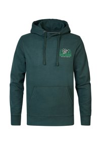 Sudadera de color verde oscuro con un bolsillo canguro, capucha ajustable con cordón y logotipo frontal que presenta montañas y árboles en verde y blanco.