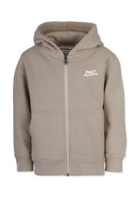 Beige zip-up hoodie i mjukt tyg. Har en logotyp framtill, två framfickor, ribbade muddarna och en fodrad huva. Slät textur.