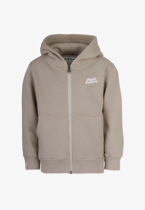 Beige zip-up hoodie lavet af blødt stof. Har et logo foran, to forlommer, ribbede manchetter og en foret hætte. Glat tekstur.