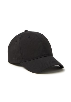Casquette de baseball noire en matériau texturé, dotée d'une visière courbée, d'une sangle ajustable et d'un logo brodé sur le côté.