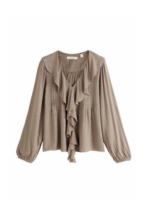 Brown and beige checkered long-sleeve blouse with V-neck, ruffled front trim, and elastic cuffs.