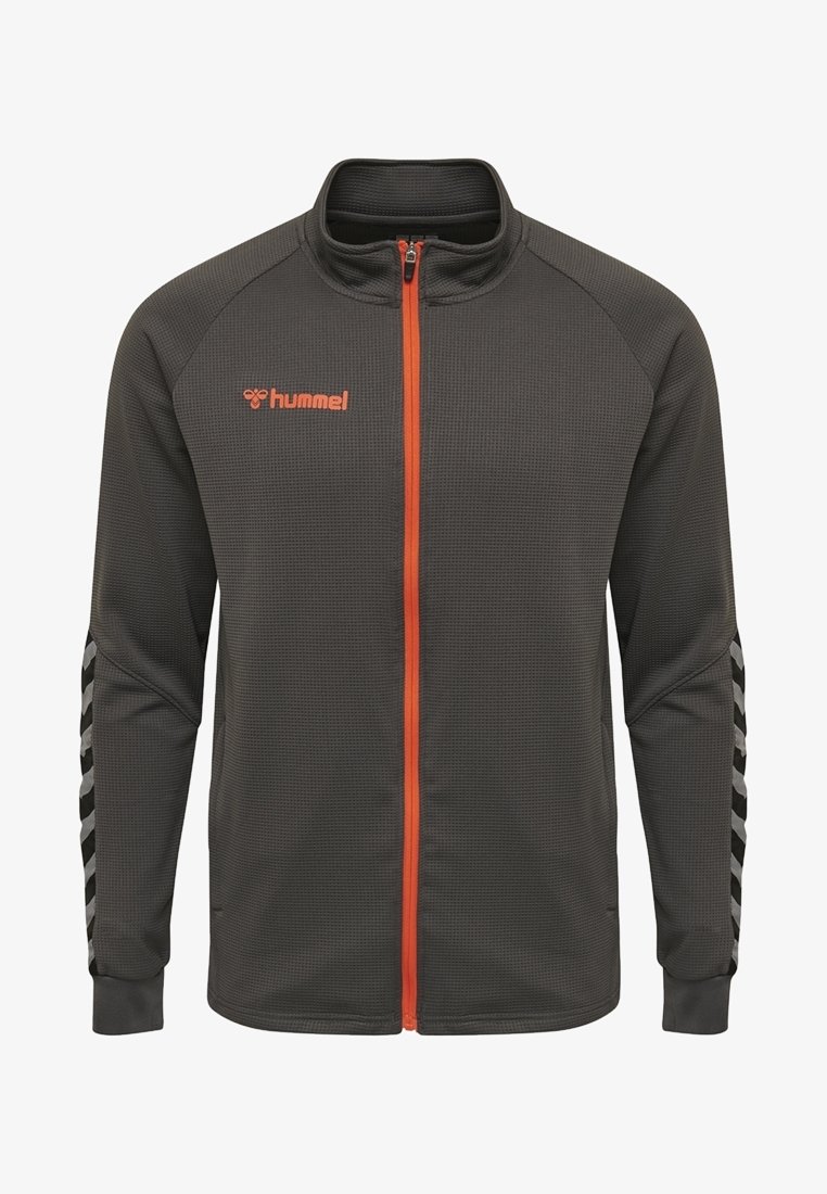 Dark gray zip-up jacket made of textured material, featuring orange zipper and logo, with black and white chevron accents on sleeves.