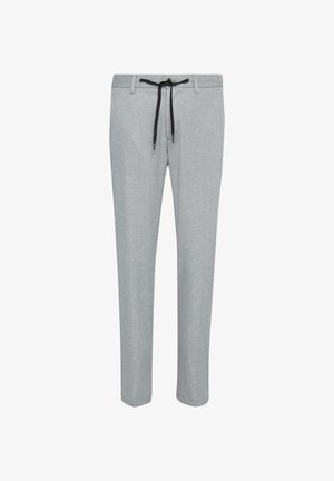 Graue, leichte Hosen mit glatter Textur, schmalem Bein und einem schwarzen Kordelzugbund. Schlichtes Design ohne sichtbare Logos oder Muster.