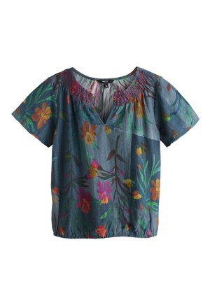 Kurzärmelige blaue Bluse mit buntem Blumenmuster, V-Ausschnitt mit rosa gerafftem Besatz und elastischem Taillenbund.