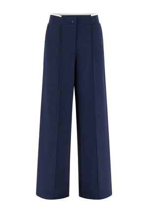 Pantalon large bleu marine à taille haute, fermeture avant par boutons et plis marqués sur chaque jambe.