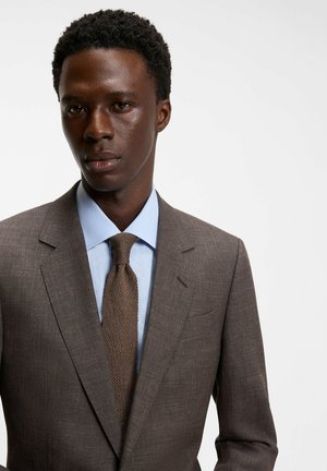 Uomo che indossa una giacca marrone, una camicia azzurra chiara e una cravatta marrone texturizzata su uno sfondo chiaro uniforme.