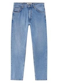 Světle modré džíny z denimu se střihovým rovným nohou, pěti kapsami a poutky na opasek. Vyznačují se jemným vyšisováním a kontrastním prošíváním.