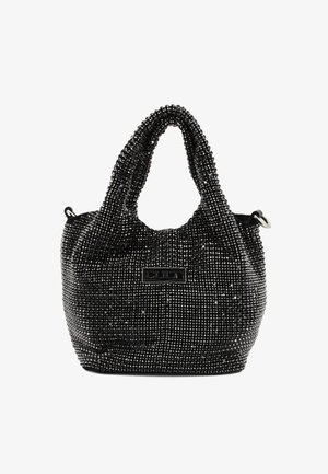 Borsa nera con superficie texture decorata con piccole strass, dotata di due manici corti e di una tracolla removibile.