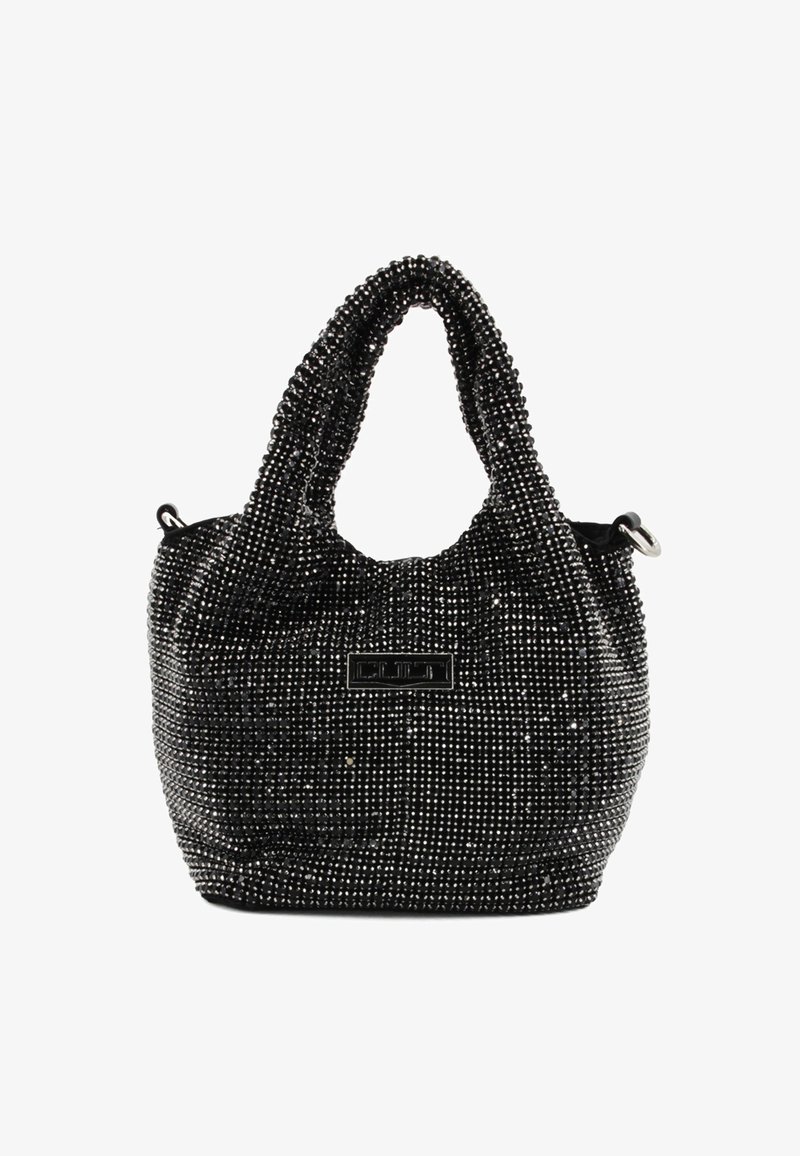 Borsa nera con superficie texture decorata con piccole strass, dotata di due manici corti e di una tracolla removibile.