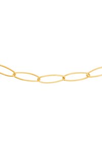 Cadena de oro con enlaces ovalados alargados de textura suave y acabado pulido, interconectados con enlaces circulares más pequeños.