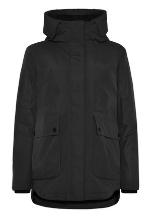 Black waterproof parka with a high collar, drawstring hood, two front pockets, and black snap buttons. Smooth texture and straight cut.