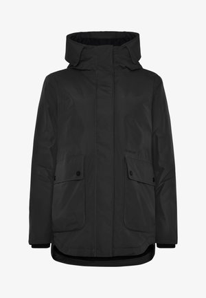 Black waterproof parka with a high collar, drawstring hood, two front pockets, and black snap buttons. Smooth texture and straight cut.