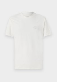 T-shirt en coton blanc à manches courtes, col rond, avec le logo embossé "Armani Exchange 1991" sur la poitrine. Texture lisse, coupe classique.