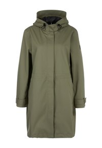 Olivgrün wasserfester Mantel mit Kapuze, tailliertem Schnitt und verstellbaren Ärmelabschlüssen; zeichnet sich durch eine glatte Textur und ein minimalistisches Design aus.