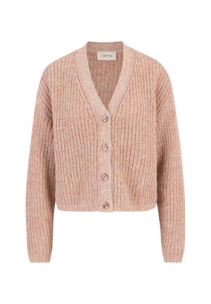 Cardigan tricoté dans des tons doux de corail et de beige. Doté d'un décolleté en V, de cinq boutons à l'avant, et d'une texture côtelée sur l'ensemble. Longueur courte.