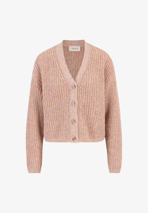 Gebreide cardigan in zachte, koraal- en beige tinten. Kenmerken zijn een V-hals, vijf knopen aan de voorkant en een geribbelde textuur over het hele oppervlak. Verkorte lengte.
