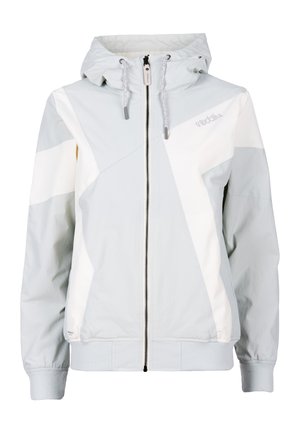 Light gray hooded jacket with white diagonal stripes, front zipper, drawstring hood, elastic cuffs, and "Iriedaily" logo on chest.