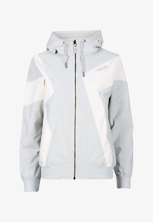 Light gray hooded jacket with white diagonal stripes, front zipper, drawstring hood, elastic cuffs, and "Iriedaily" logo on chest.