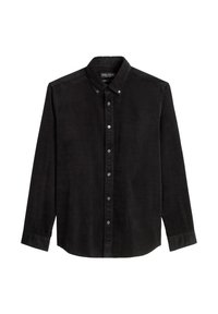 Schwarzes Cordhemd für Herren mit langen Ärmeln, Knopfleiste und Button-Down-Kragen, flach auf weißem Hintergrund präsentiert.