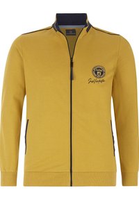 Gelbe Baumwolljacke mit Reißverschluss und marineblauen Akzenten, ausgestattet mit zwei Seitentaschen, einem Logo-Patch sowie gerippten Bündchen und Saum.