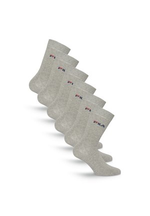 Sechs Paar hellgraue Sportsocken mit dem FILA-Logo in Marineblau und Rot im Knöchelbereich.
