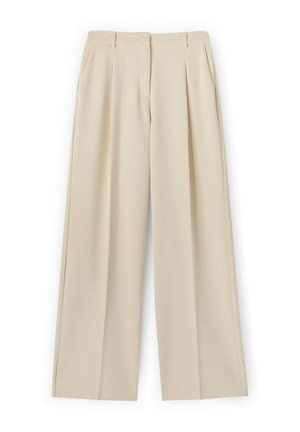 Beiget leveälahkeiset housut, joissa on laskokset, vyölenkit ja etuvetoketju.