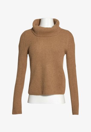 Jersey marrón de punto acanalado con cuello alto y mangas largas mostrado en torso de maniquí blanco.