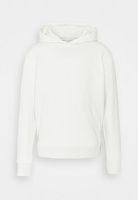 Sweat à capuche blanc avec poche kangourou, poignets côtelés et tissu doux et texturé. Design simple sans motifs supplémentaires.