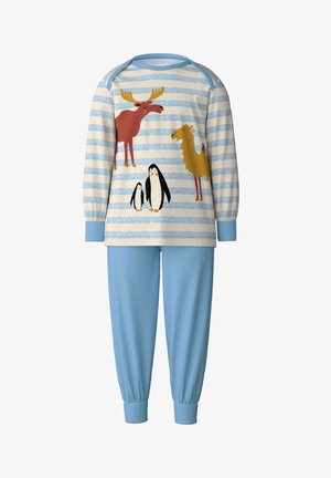 Bunt gemustertes Schlafanzugset mit einem gestreiften Oberteil mit Aufdrucken von Elchen, Lamas und Pinguinen, kombiniert mit einfarbigen hellblauen Hosen. Aus Baumwollmaterial.