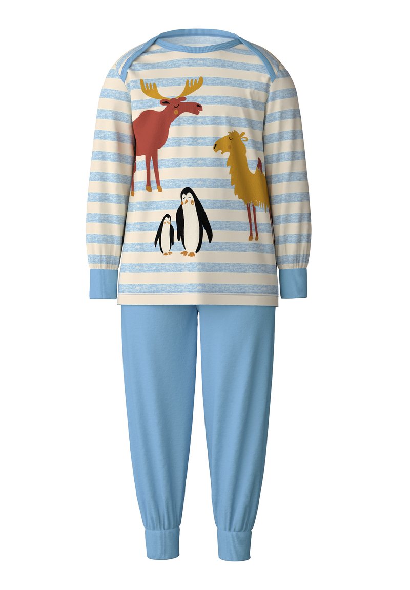 Multikleuren pyjama set met een gestreepte top met afdrukken van een eland, lama en pinguïn, gecombineerd met effen lichtblauwe broeken. Katoenen materiaal.