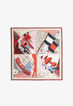 Seidenschal in quadratischer Form mit grafischen Mustern in Rot, Blau und Creme, darunter Blumenmotive und geometrische Designs.