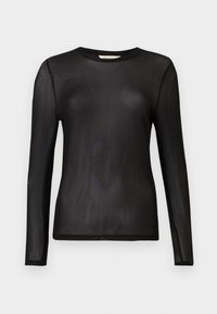 Black, long-sleeved top made of sheer, lightweight fabric with a round neckline and fitted design. Smooth texture without patterns or embellishments.