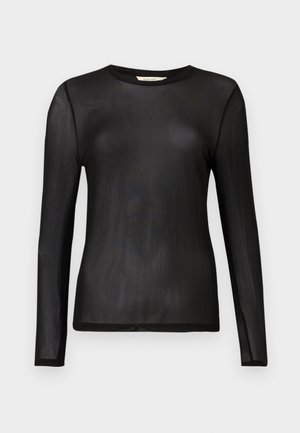 Top nero a maniche lunghe realizzato in tessuto trasparente e leggero, con scollo rotondo e design aderente. Texture liscia senza motivi né abbellimenti.