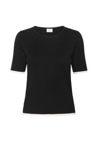 Top de punto acanalado negro con mangas cortas, con acentos blancos en los puños, cuello redondo y un diseño ajustado.