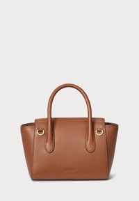 Braune Lederhandtasche mit strukturiertem Design, ausgestattet mit zwei oberen Tragegriffen und goldfarbener Hardware. Strukturierte Oberfläche mit eingeprägtem Logo-Detail.