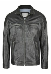 Must mustast nahktak jacket, millel on ees lukk, kaks rinnataskut lukuga ja soonikkoes krae. Sile tekstuur, keha lähedane disain ja diskreedid õmblused.