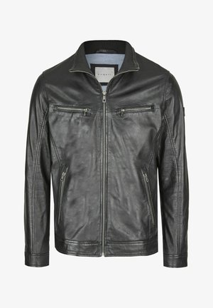 Giacca di pelle nera con zip frontale, due tasche sul petto con zip e colletto a coste. Texture liscia con design aderente e dettagli di cucitura discreti.