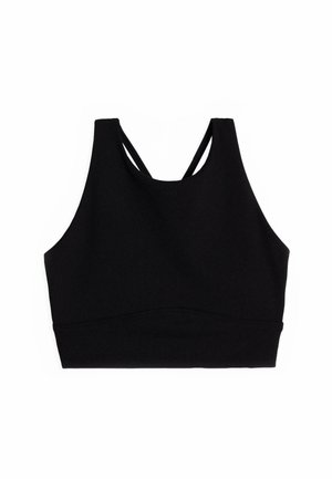 Black sports bra with a fitted design, featuring a high neckline, racerback straps, and a smooth, stretchy fabric texture.