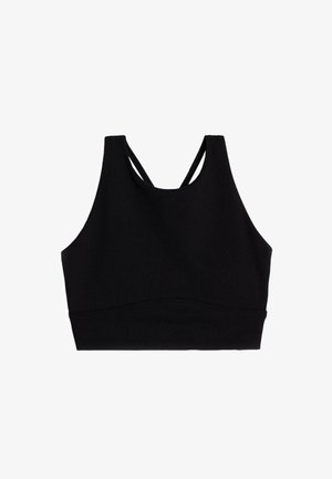Black sports bra with a fitted design, featuring a high neckline, racerback straps, and a smooth, stretchy fabric texture.