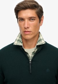 Giovane uomo con capelli corti castani che indossa un maglione verde scuro con cerniera sopra una camicia a quadrati verde e bianca con il colletto alzato.