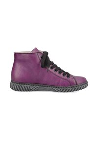 High-top sneaker made of purple leather with black laces. Features a textured black sole with a zigzag design and stitching details.
