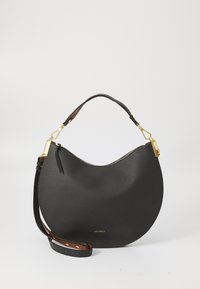 Black leather handbag with a curved shape, gold hardware accents, and a detachable strap. Features a zipper closure and embossed logo.