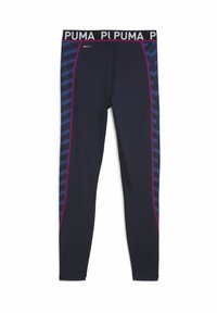 Leggings sportivi navy con una striscia decorativa viola. Realizzati in materiale elastico con un pannello laterale testurizzato e una cintura elastica.