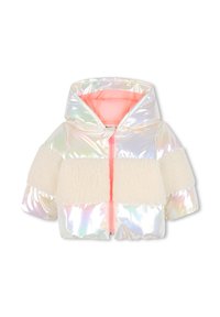 Giacca a vento olografica con cappuccio, dotata di una morbida fascia in pile color crema e cerniera rosa. Fodera interna di colore rosa. Design corto e squadrato.